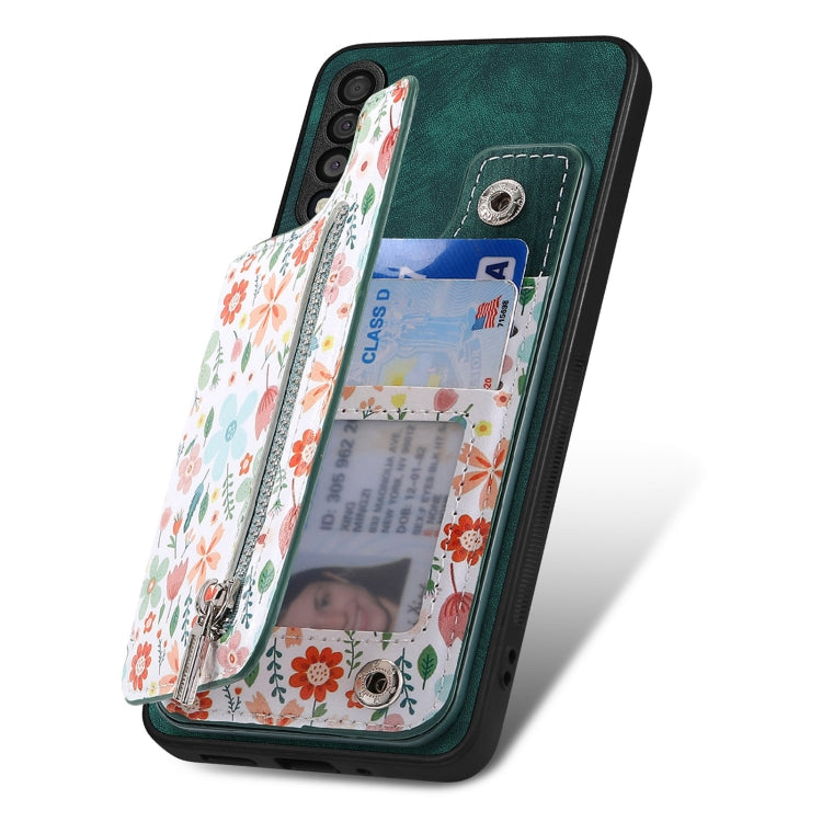 Retro painted zipper wallet case for Samsung Galaxy A22 5G, showcasing its stylish design and functional features.