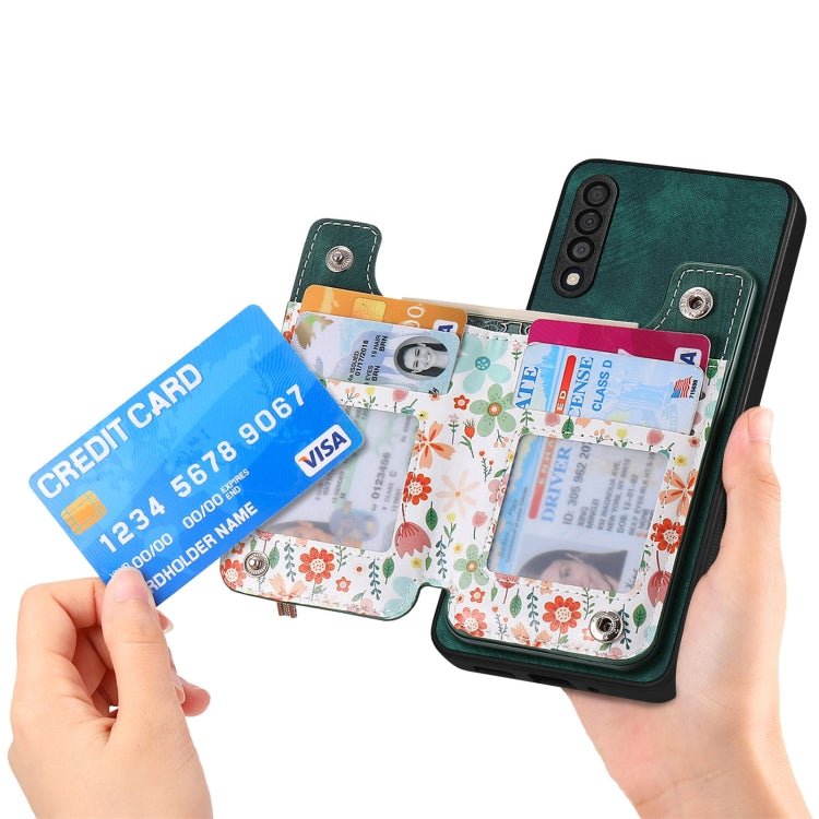 Retro painted zipper wallet case for Samsung Galaxy A22 5G, showcasing its stylish design and functional features.