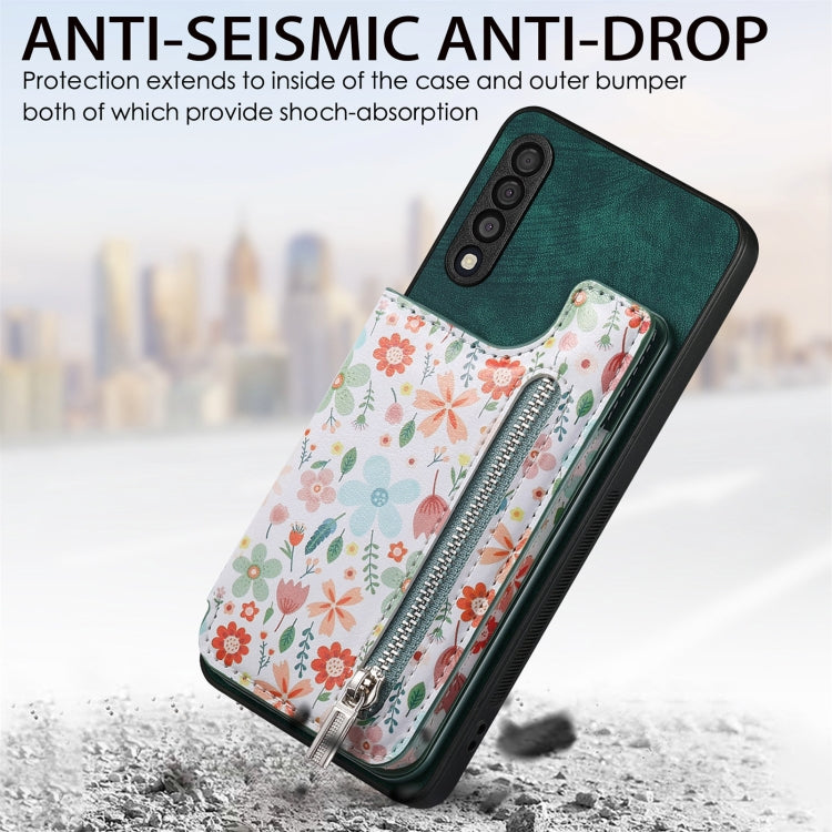 Retro painted zipper wallet case for Samsung Galaxy A22 5G, showcasing its stylish design and functional features.