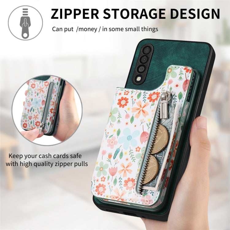 Retro painted zipper wallet case for Samsung Galaxy A22 5G, showcasing its stylish design and functional features.