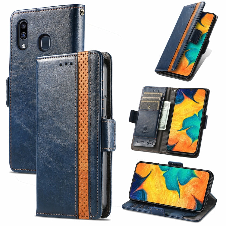 Samsung Galaxy A30 CaseNeo Business Splicing Dual Magnetic Buckle in black PU leather with card slots and magnetic closure.