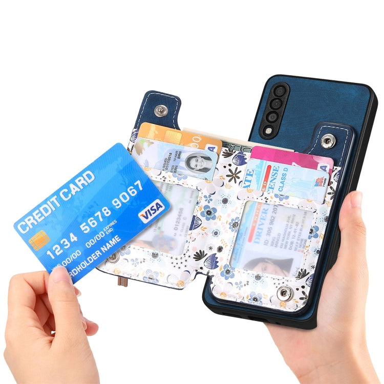 Retro painted zipper wallet back phone case for Samsung Galaxy A30, A20, and M10S, showcasing its stylish design and functional features.