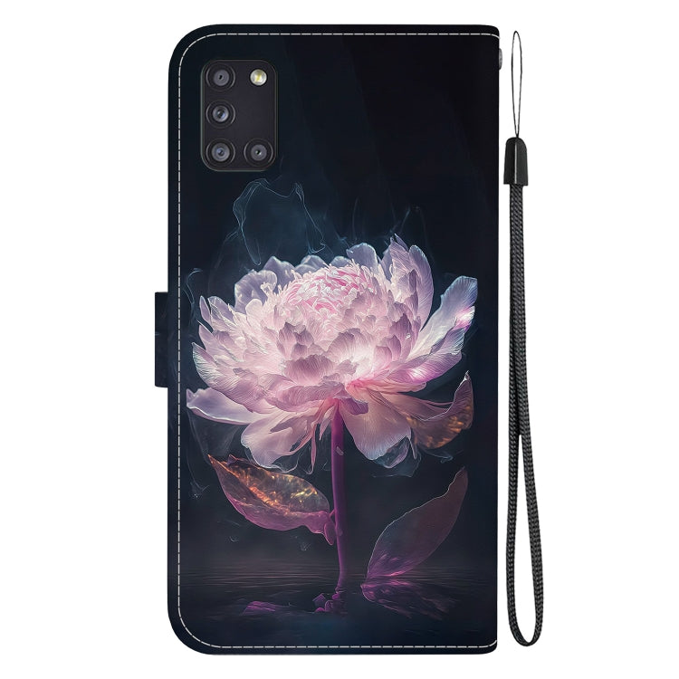 Samsung Galaxy A31 phone case in crystal texture colored drawing design, made of durable TPU and PU leather, featuring card slots and kickstand.