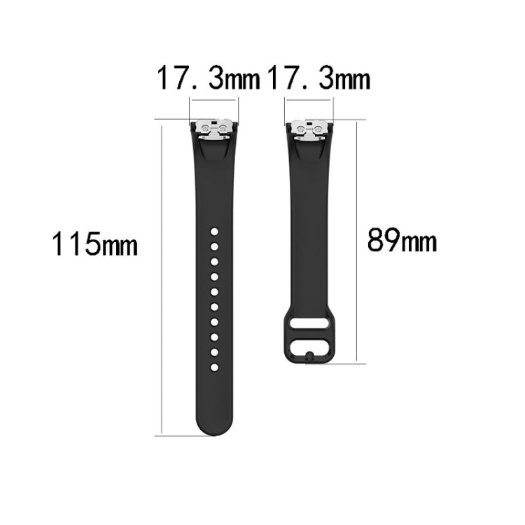 Black silicone strap for Samsung Galaxy Fit SM-R370 with steel shrapnel buckle, showcasing its soft texture and adjustable length.