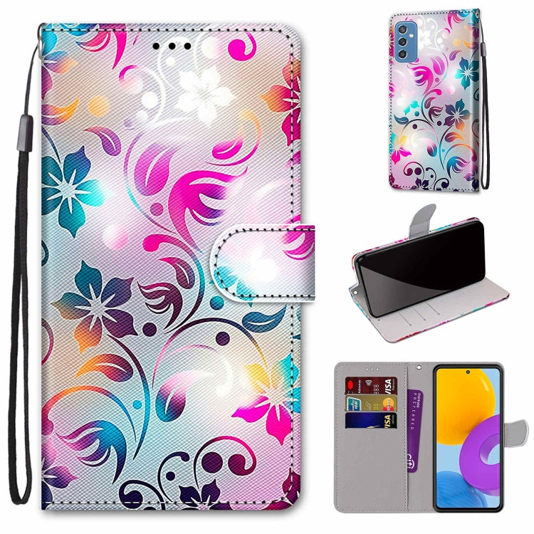 Samsung Galaxy M52 5G case featuring a coloured drawing cross texture, designed for horizontal viewing and equipped with card slots.