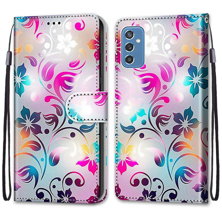 Samsung Galaxy M52 5G case featuring a coloured drawing cross texture, designed for horizontal viewing and equipped with card slots.