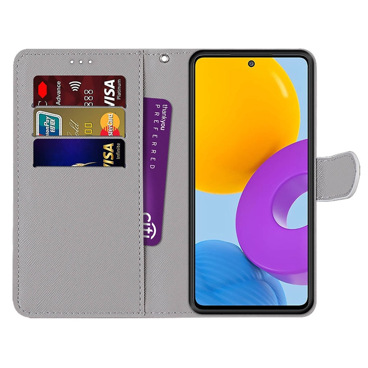 Samsung Galaxy M52 5G case featuring a coloured drawing cross texture, designed for horizontal viewing and equipped with card slots.