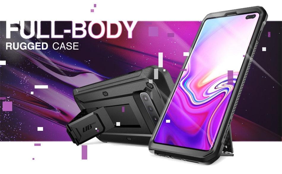 SUPCASE UB Pro Full-Body Rugged Case for Samsung Galaxy S10 Plus in various colors, showcasing its durable design and kickstand feature.