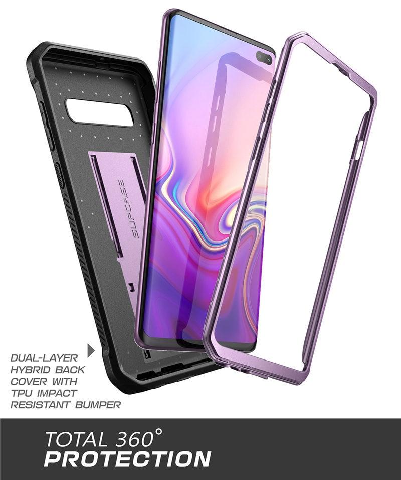 SUPCASE UB Pro Full-Body Rugged Case for Samsung Galaxy S10 Plus in various colors, showcasing its durable design and kickstand feature.