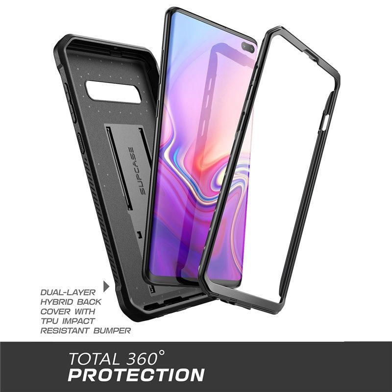 SUPCASE UB Pro Full-Body Rugged Case for Samsung Galaxy S10 Plus in various colors, showcasing its durable design and kickstand feature.