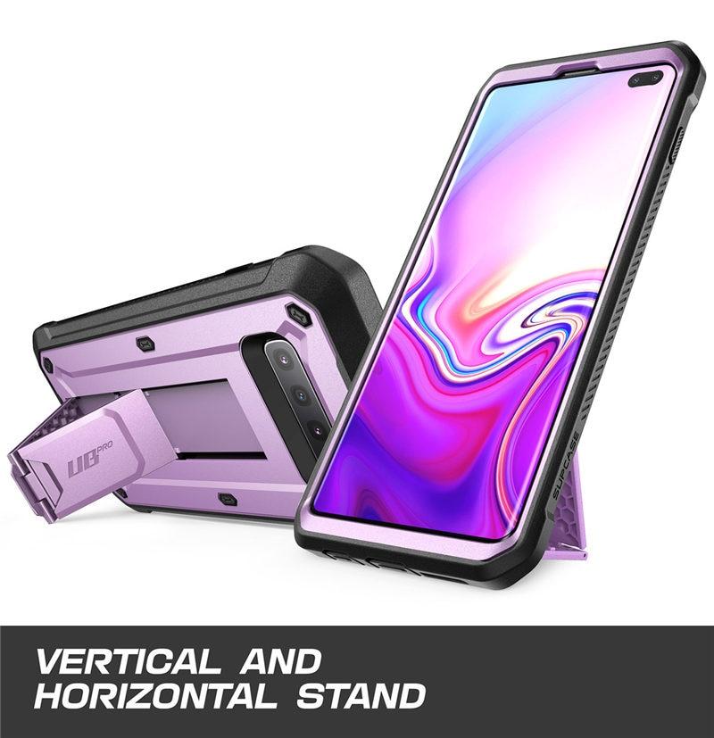 SUPCASE UB Pro Full-Body Rugged Case for Samsung Galaxy S10 Plus in various colors, showcasing its durable design and kickstand feature.