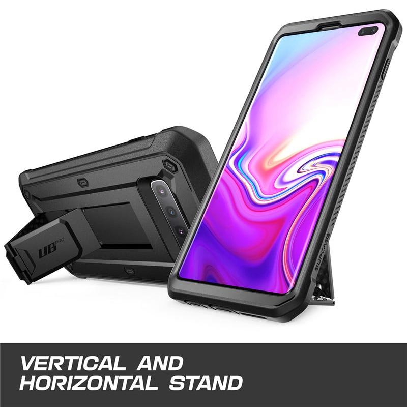 SUPCASE UB Pro Full-Body Rugged Case for Samsung Galaxy S10 Plus in various colors, showcasing its durable design and kickstand feature.