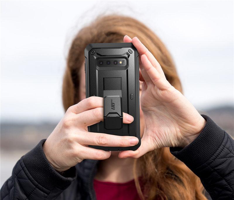 SUPCASE UB Pro Full-Body Rugged Case for Samsung Galaxy S10 Plus in various colors, showcasing its durable design and kickstand feature.