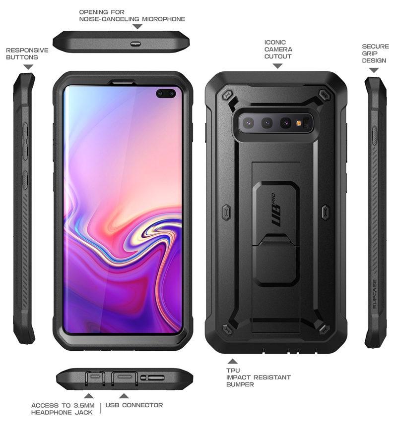 SUPCASE UB Pro Full-Body Rugged Case for Samsung Galaxy S10 Plus in various colors, showcasing its durable design and kickstand feature.