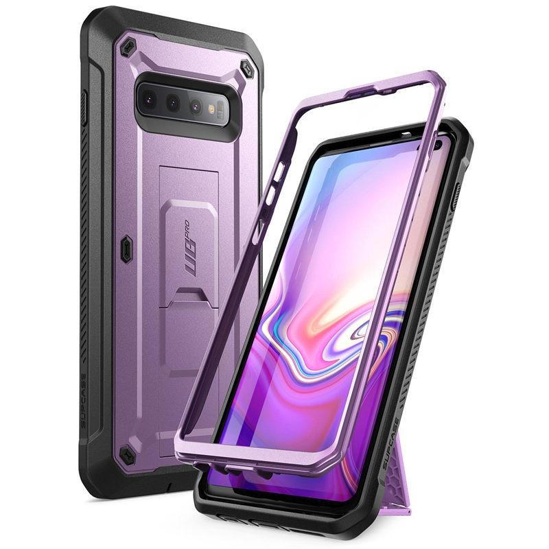 SUPCASE UB Pro Full-Body Rugged Case for Samsung Galaxy S10 Plus in various colors, showcasing its durable design and kickstand feature.