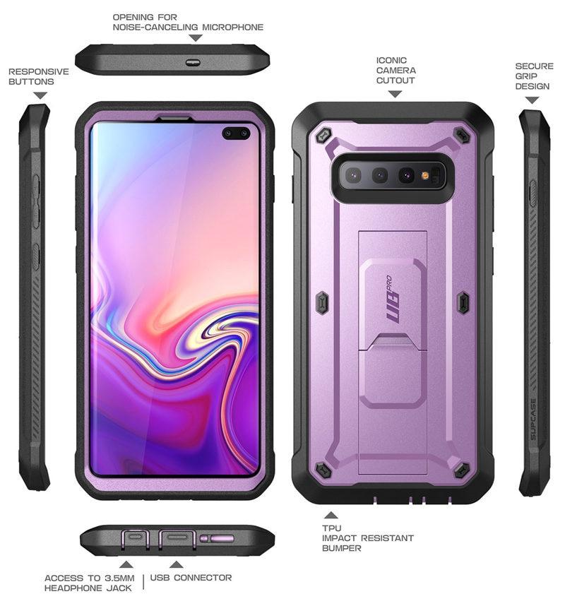 SUPCASE UB Pro Full-Body Rugged Case for Samsung Galaxy S10 Plus in various colors, showcasing its durable design and kickstand feature.