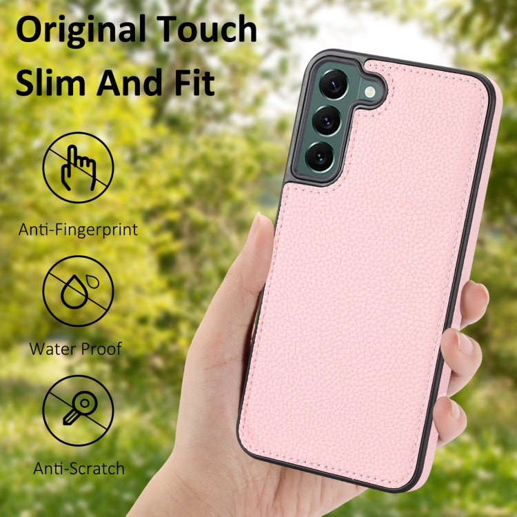 Litchi Pattern Stitched Side-mounted Phone Case for Samsung Galaxy S22+ 5G, showcasing its stylish design and protective features.