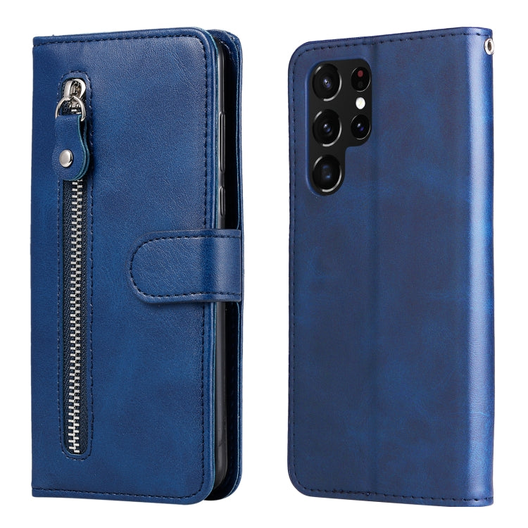 Calf texture zipper horizontal flip case for Samsung Galaxy S22 Ultra 5G, showcasing its elegant design and functional features.