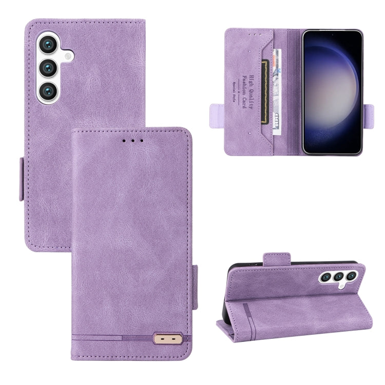 Purple magnetic clasp leather phone case for Samsung Galaxy S24 5G, showcasing its elegant design and functional features.