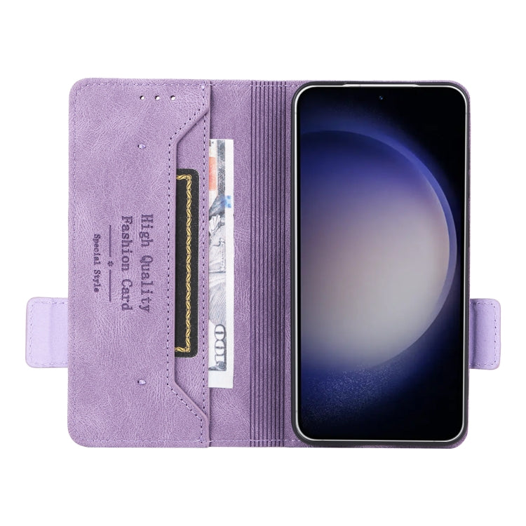 Purple magnetic clasp leather phone case for Samsung Galaxy S24 5G, showcasing its elegant design and functional features.