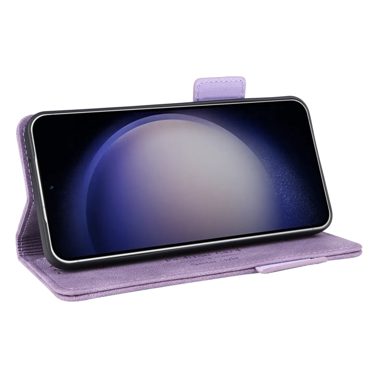 Purple magnetic clasp leather phone case for Samsung Galaxy S24 5G, showcasing its elegant design and functional features.