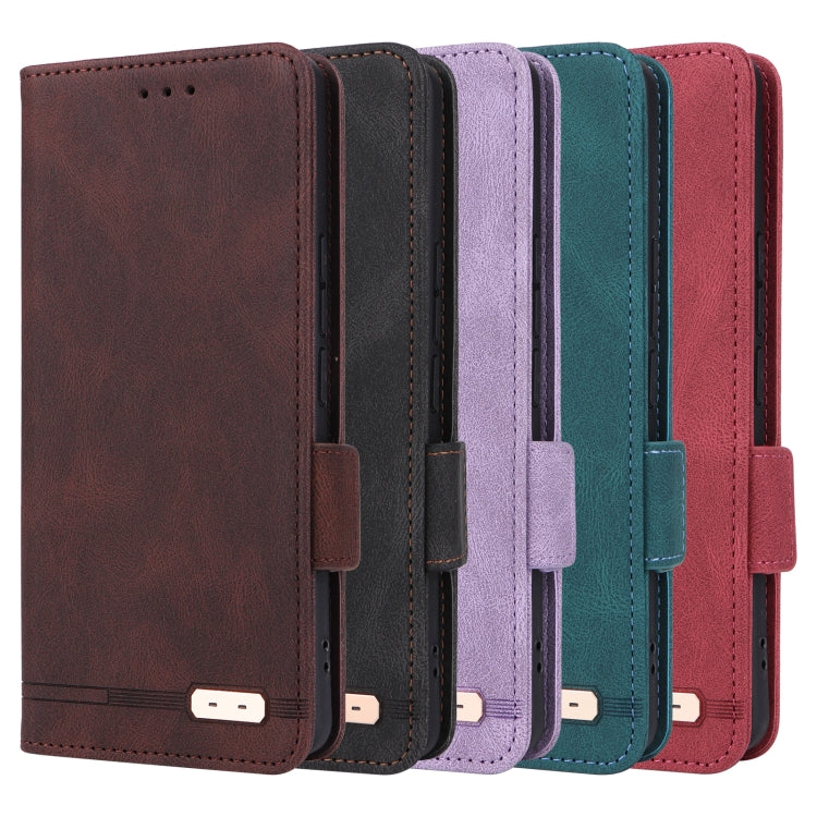 Purple magnetic clasp leather phone case for Samsung Galaxy S24 5G, showcasing its elegant design and functional features.