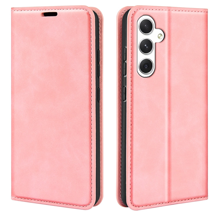 For Samsung Galaxy S24 5G Retro-skin Magnetic Suction Leather Phone Case showcasing its sleek design and card slot functionality.