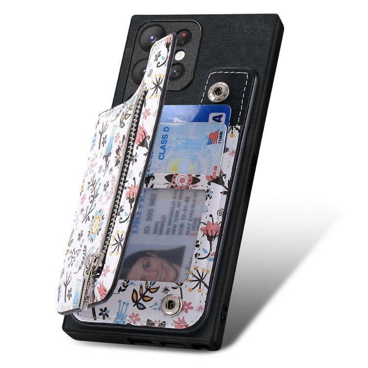 Retro painted zipper wallet case for Samsung Galaxy S24 Ultra 5G, showcasing its stylish design and functional features.