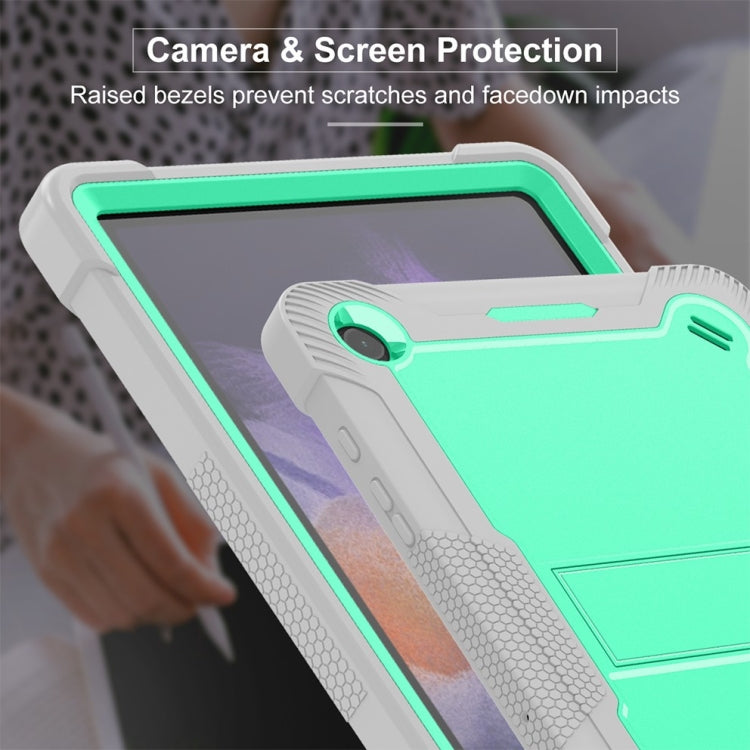 Shockproof silicone hybrid case for Samsung Galaxy Tab A9+, featuring a kickstand and precise cutouts for full access.