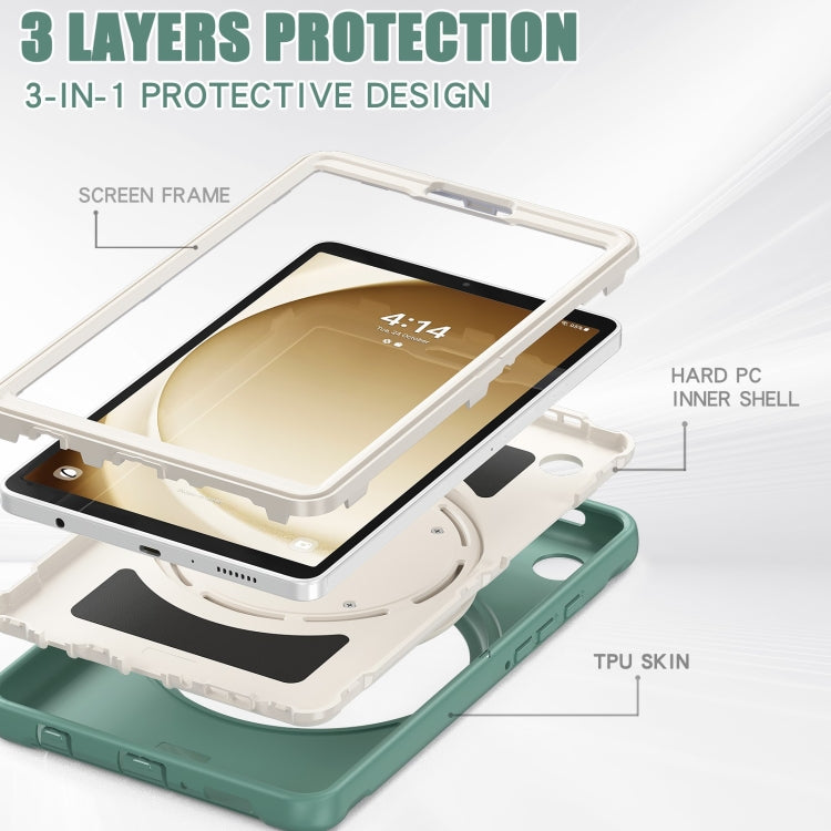 Shockproof TPU + PC protective case for Samsung Galaxy Tab A9, showcasing its durable design and built-in holder for convenient viewing.