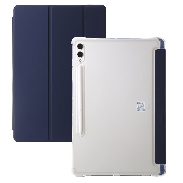 For Samsung Galaxy Tab S9+ 3-Fold Clear Acrylic Leather Tablet Case showcasing its sleek design and tri-fold functionality.