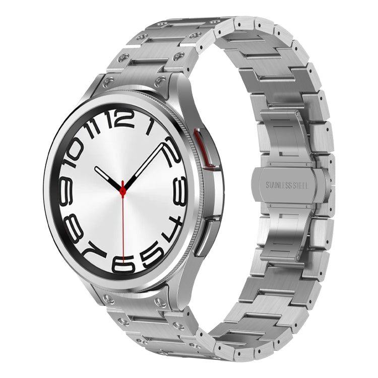 Stylish stainless steel strap for Samsung Galaxy Watch 5 Pro, featuring a butterfly snap design and available in silver, black, and titanium gray.