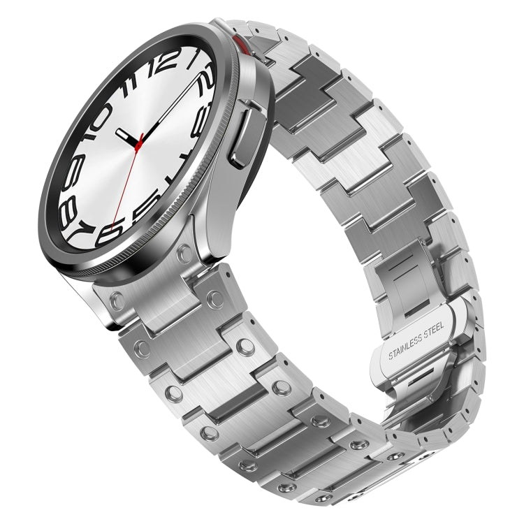 Stylish stainless steel strap for Samsung Galaxy Watch 5 Pro, featuring a butterfly snap design and available in silver, black, and titanium gray.