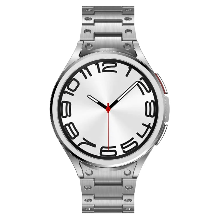 Stylish stainless steel strap for Samsung Galaxy Watch 5 Pro, featuring a butterfly snap design and available in silver, black, and titanium gray.