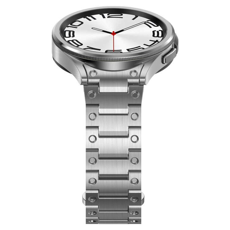 Stylish stainless steel strap for Samsung Galaxy Watch 5 Pro, featuring a butterfly snap design and available in silver, black, and titanium gray.