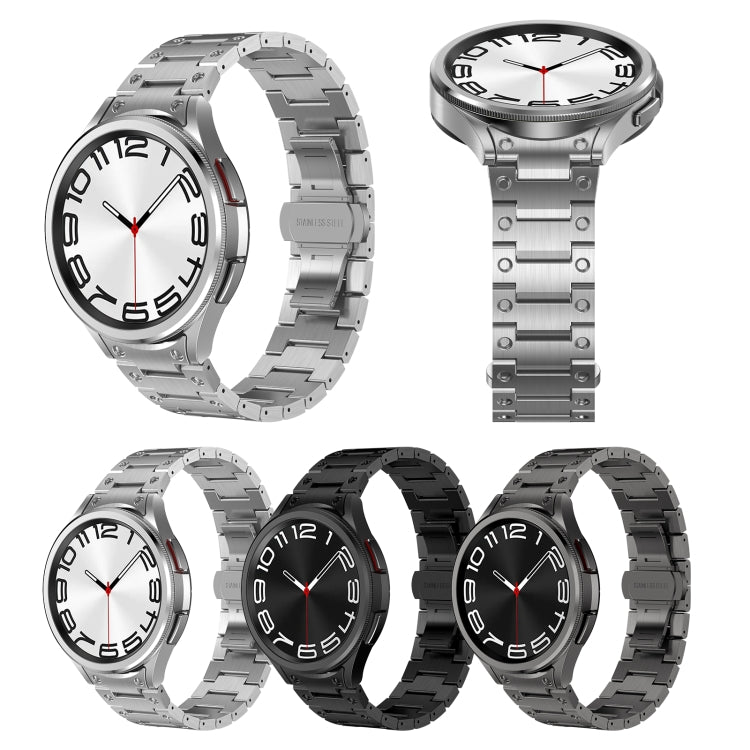 Stylish stainless steel strap for Samsung Galaxy Watch 5 Pro, featuring a butterfly snap design and available in silver, black, and titanium gray.