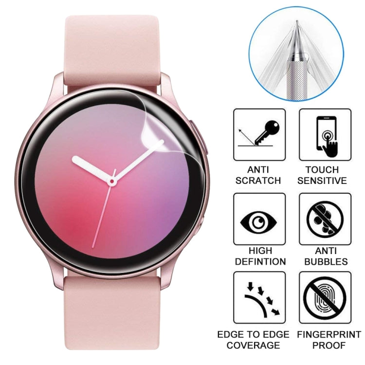 Soft hydrogel film protector for Samsung Galaxy Watch Active 1 and 2, showcasing its clarity and precise cut for a perfect fit.