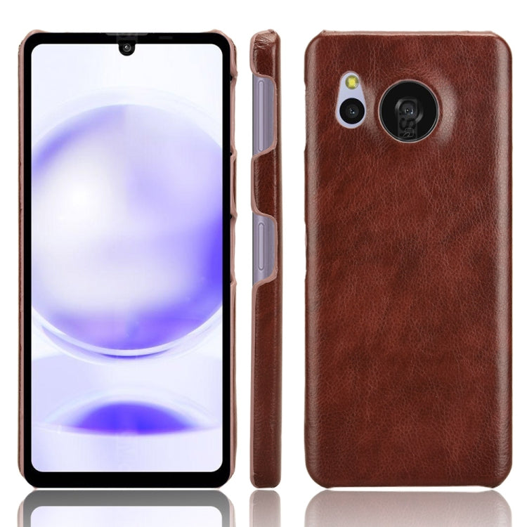 Brown litchi texture back cover phone case for Sharp Aquos Sense8, showcasing its stylish design and durable material.