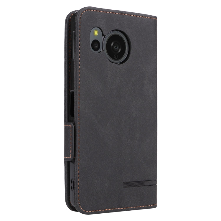 For Sharp Aquos Sense8 Magnetic Clasp Leather Phone Case in black, showcasing its sleek design and functional features.