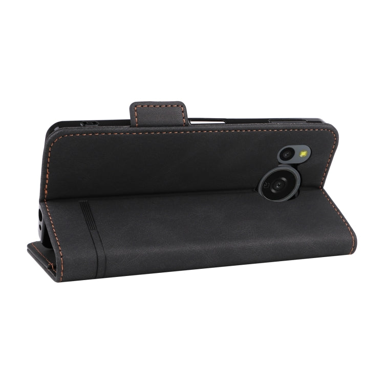 For Sharp Aquos Sense8 Magnetic Clasp Leather Phone Case in black, showcasing its sleek design and functional features.