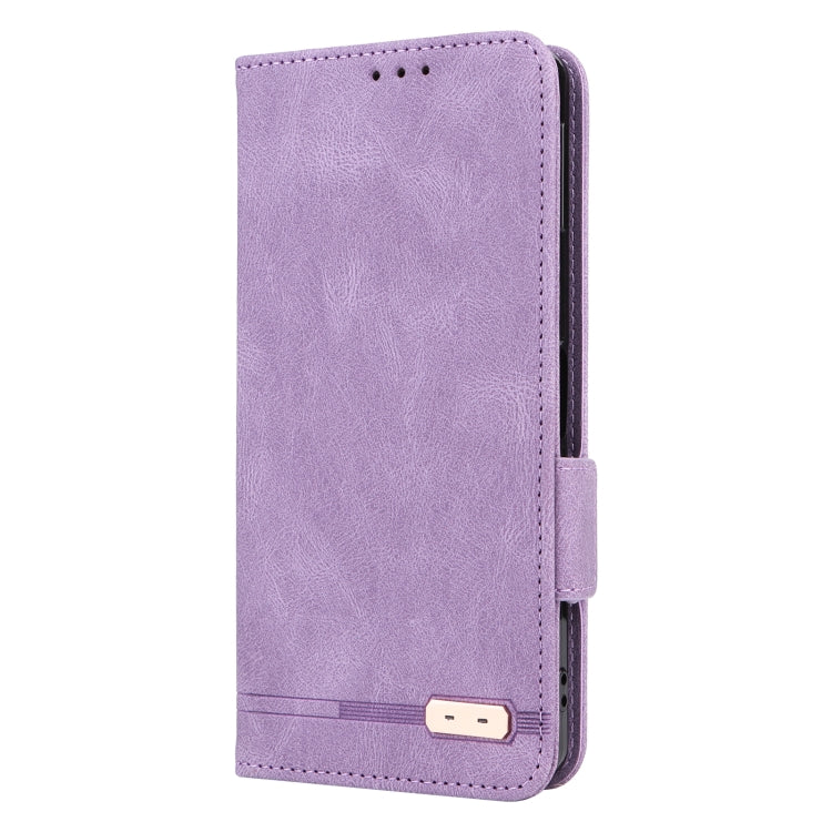 Purple magnetic clasp leather phone case for Sharp Aquos Sense8, showcasing its stylish design and functional features.