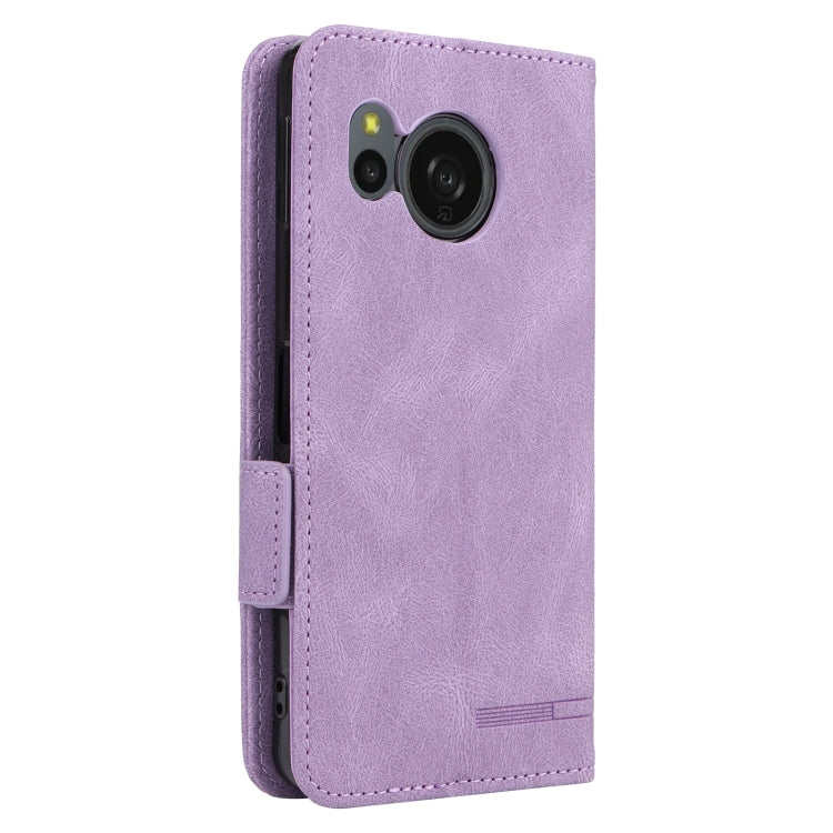 Purple magnetic clasp leather phone case for Sharp Aquos Sense8, showcasing its stylish design and functional features.