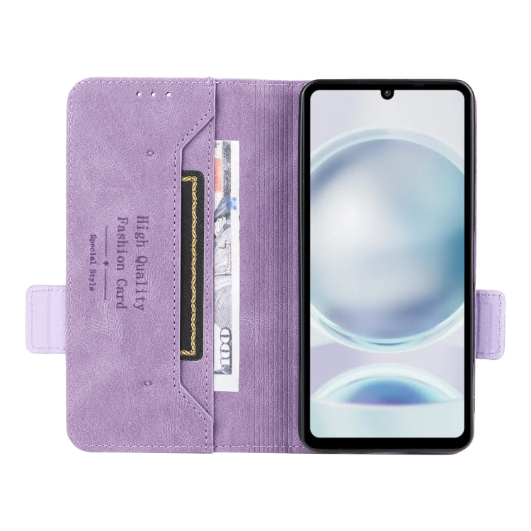 Purple magnetic clasp leather phone case for Sharp Aquos Sense8, showcasing its stylish design and functional features.