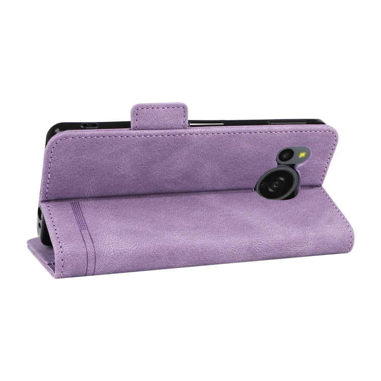 Purple magnetic clasp leather phone case for Sharp Aquos Sense8, showcasing its stylish design and functional features.