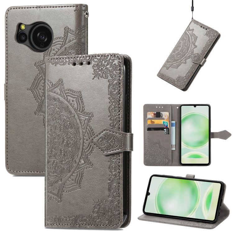 For Sharp Sense 8 Mandala Flower Embossed Leather Phone Case in Grey, showcasing intricate mandala design and functional features.