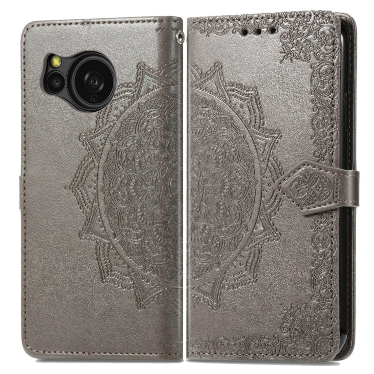 For Sharp Sense 8 Mandala Flower Embossed Leather Phone Case in Grey, showcasing intricate mandala design and functional features.