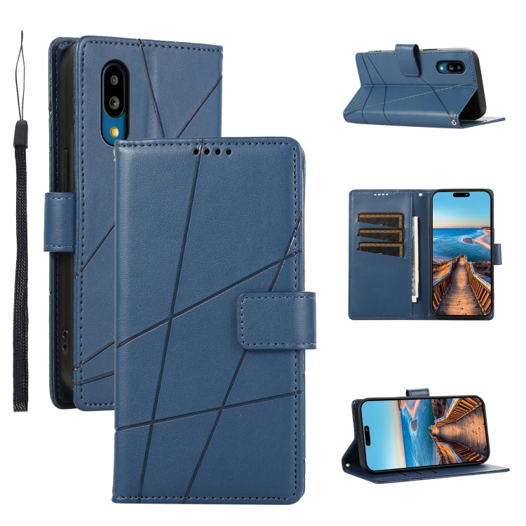 For Sharp Simple Sumaho 6 PU leather case with embossed texture, featuring card slots and a wrist strap.