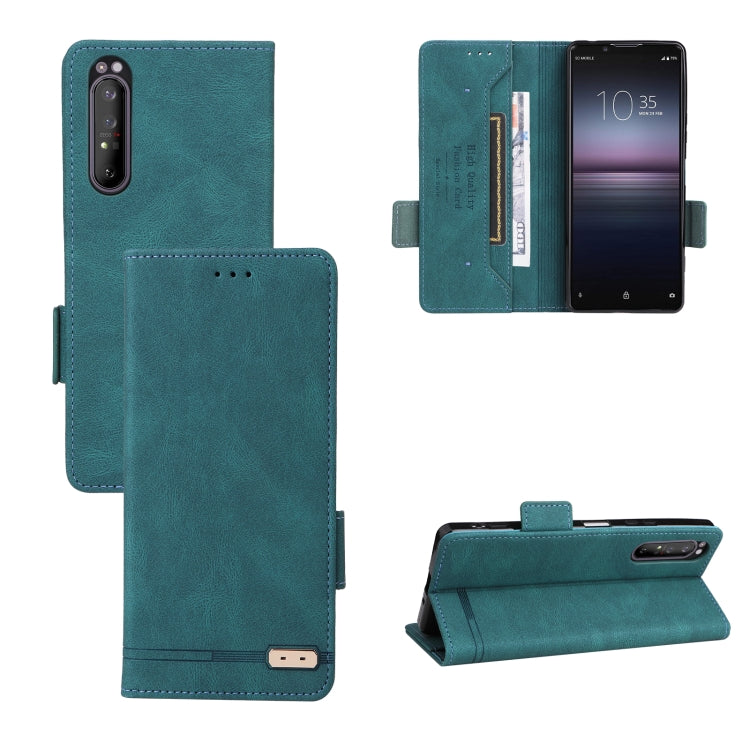 Green magnetic clasp leather phone case for Sony Xperia 1 II, showcasing its sleek design and functional features.