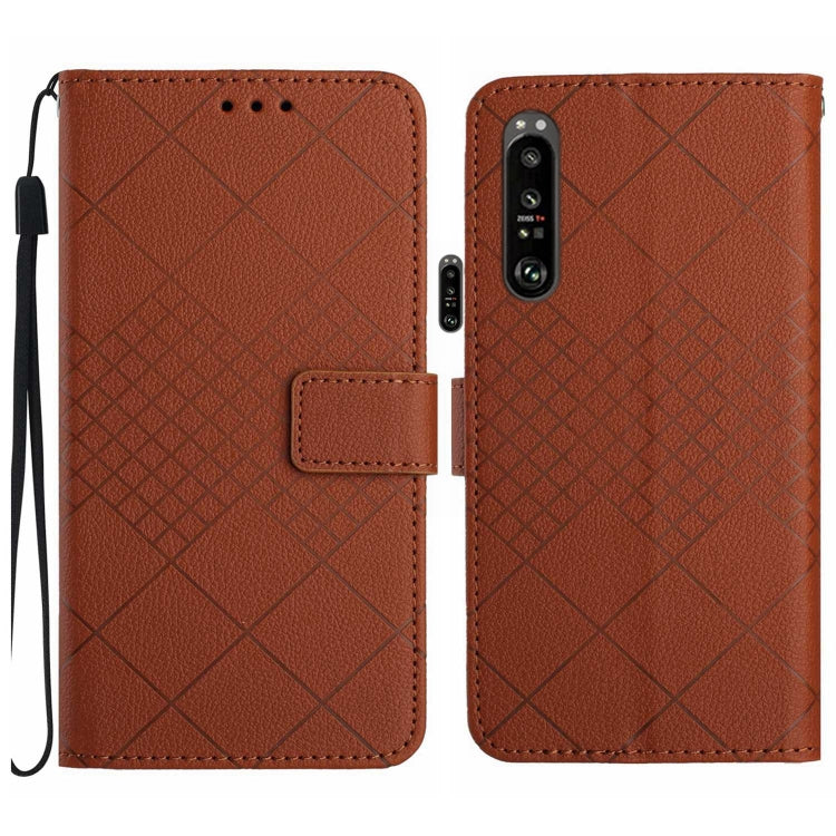 Brown leather phone case for Sony Xperia 1 V with rhombic grid texture, showcasing its stylish design and functional features.