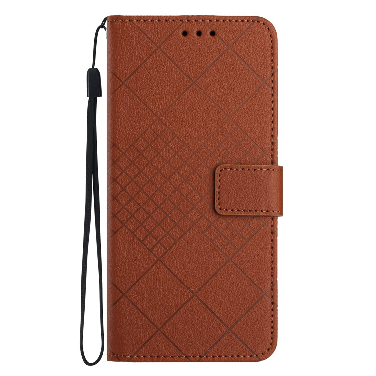 Brown leather phone case for Sony Xperia 1 V with rhombic grid texture, showcasing its stylish design and functional features.